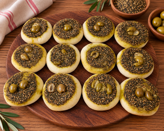 Zaatar (Lebanese Thyme) Manakesh with green Olive