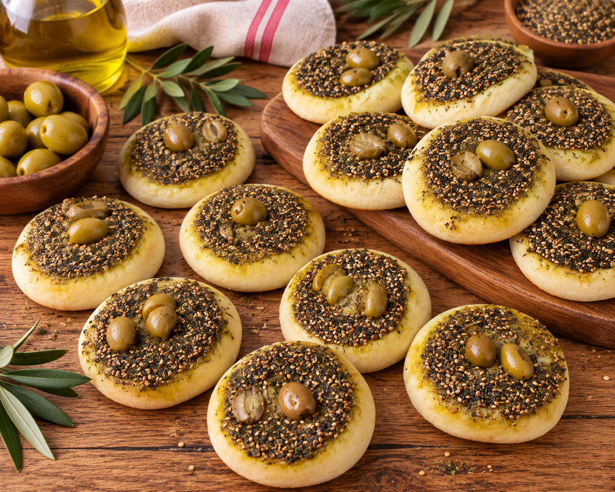 Zaatar (Lebanese Thyme) Manakesh with green Olive